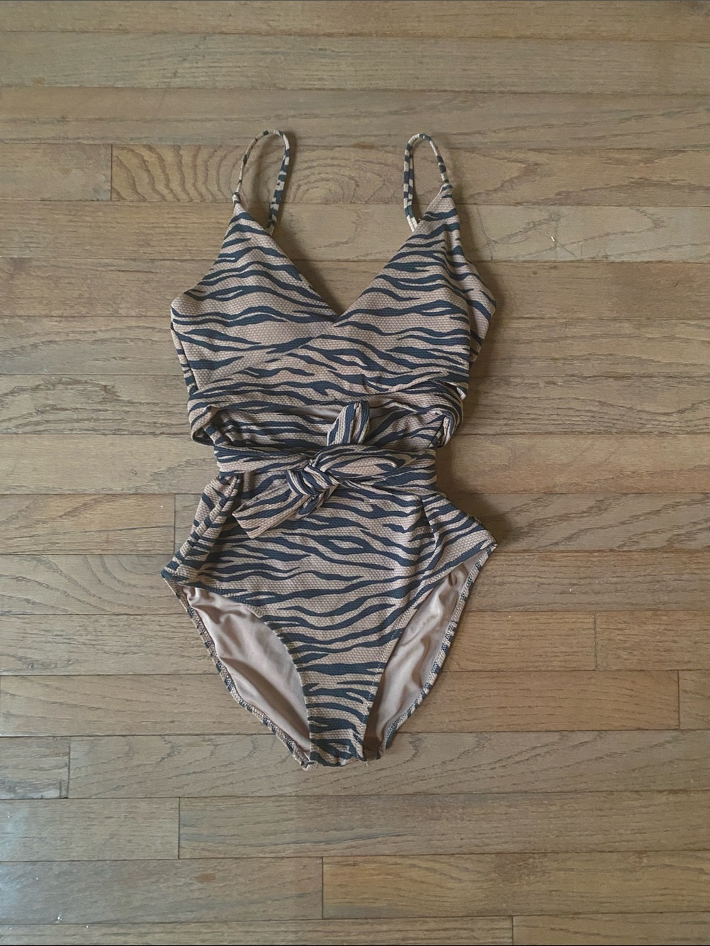 Aerie Tan and Black Zebra One-Piece Swimsuit with Waist Tie